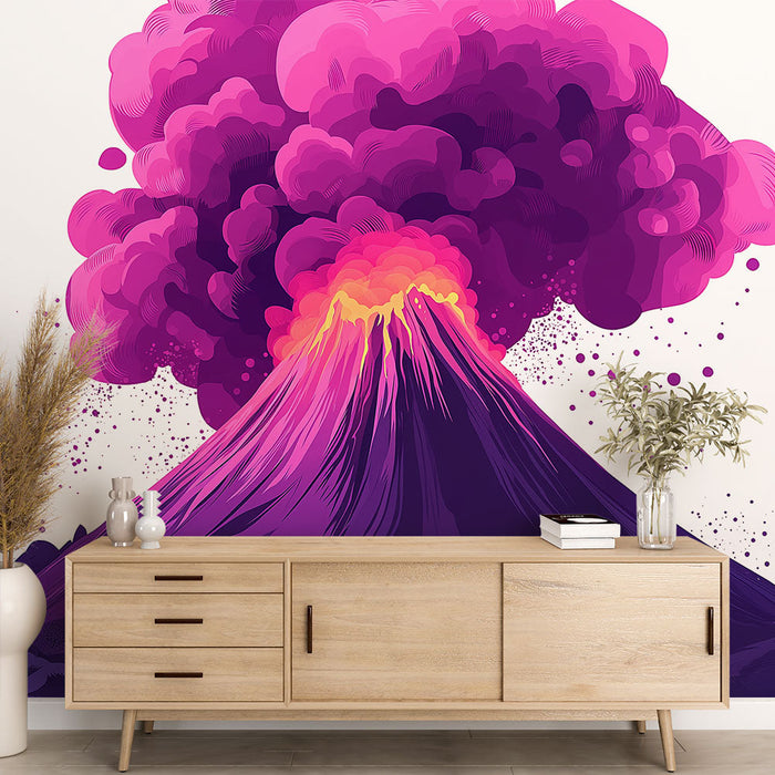 Papel de parede vulcão colorido | Erupção estilizada em tons de rosa e roxo