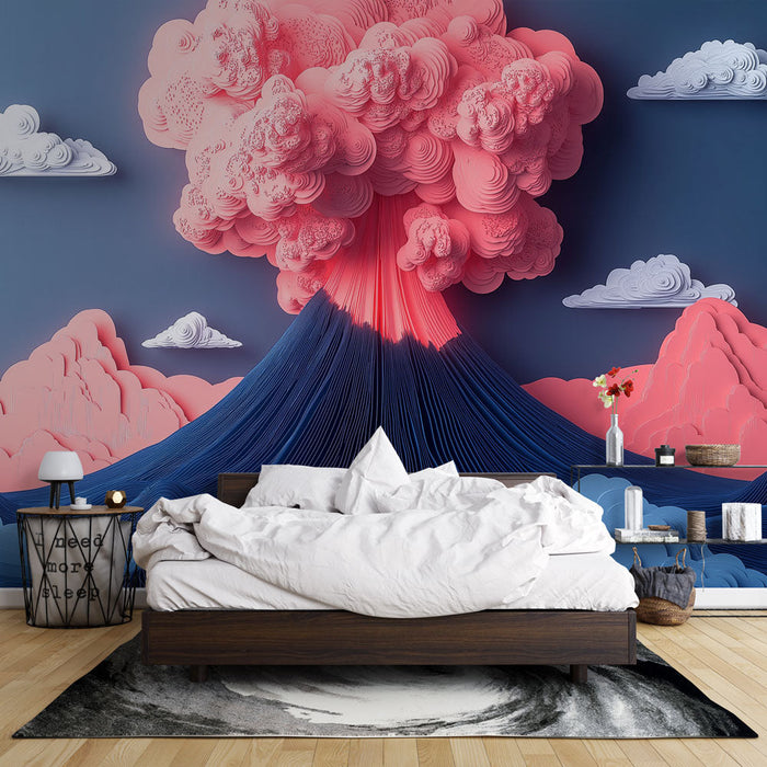 Tapeta wulkan | Stylizowana erupcja wulkanu z kolorowymi chmurami