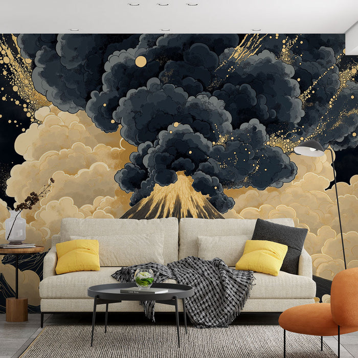 Muraaltapeet vulkaan | Stiilne vulkaanipurse kuldsete pilvedega