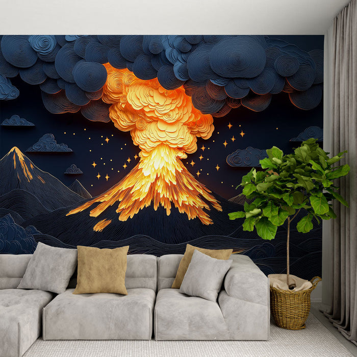 Fototapet vulkan | Stiliseret vulkanudbrud med skyer og bjerge