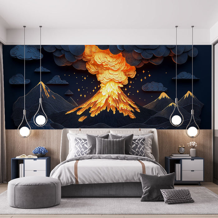 Fototapet vulkan | Stiliseret vulkanudbrud med skyer og bjerge