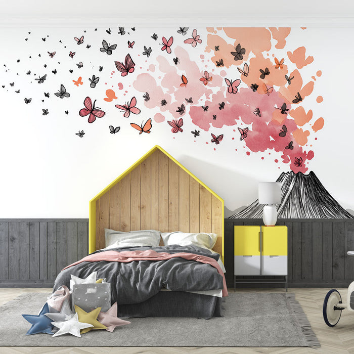 Tapeta z wulkanem i motylami | Artystyczna erupcja z kolorowymi motylami