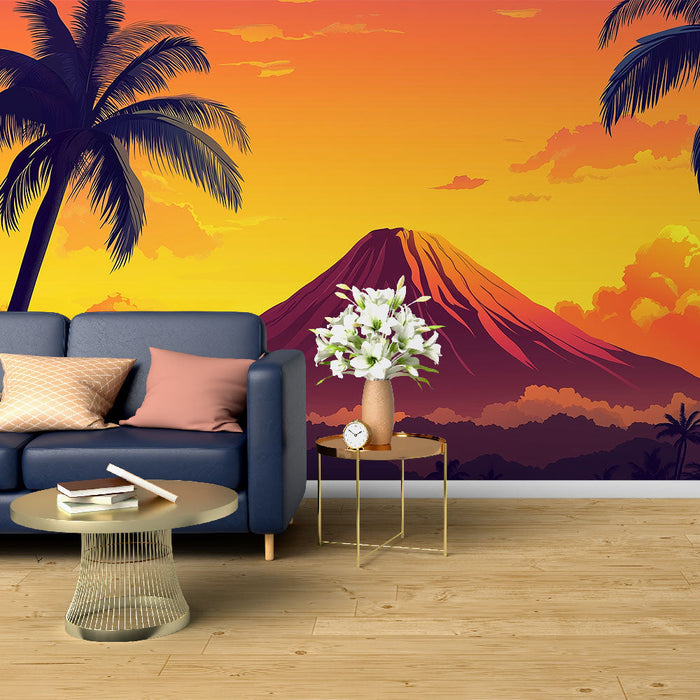 Fototapeet vulkaaniline | Troopiline päikeseloojang majesteetliku vulkaani kohal