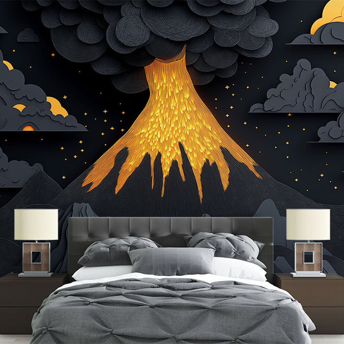 Tapeta wulkaniczna | Stylizowana erupcja z górami i chmurami