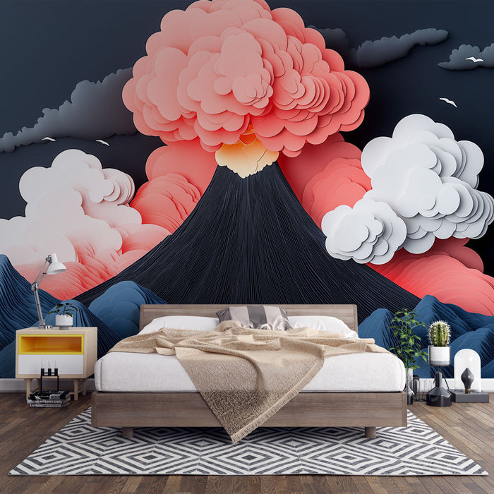 Вулканична тапетна хартия | Стилизирано изригване с облаци в изрязана хартия