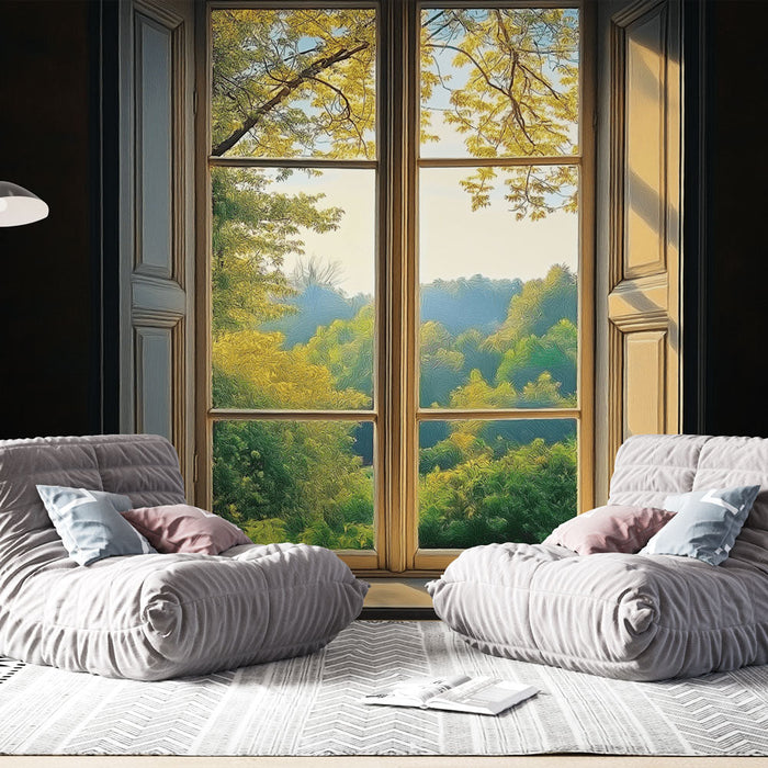 Mural Wallpaper window view | Lush landscape through an open window