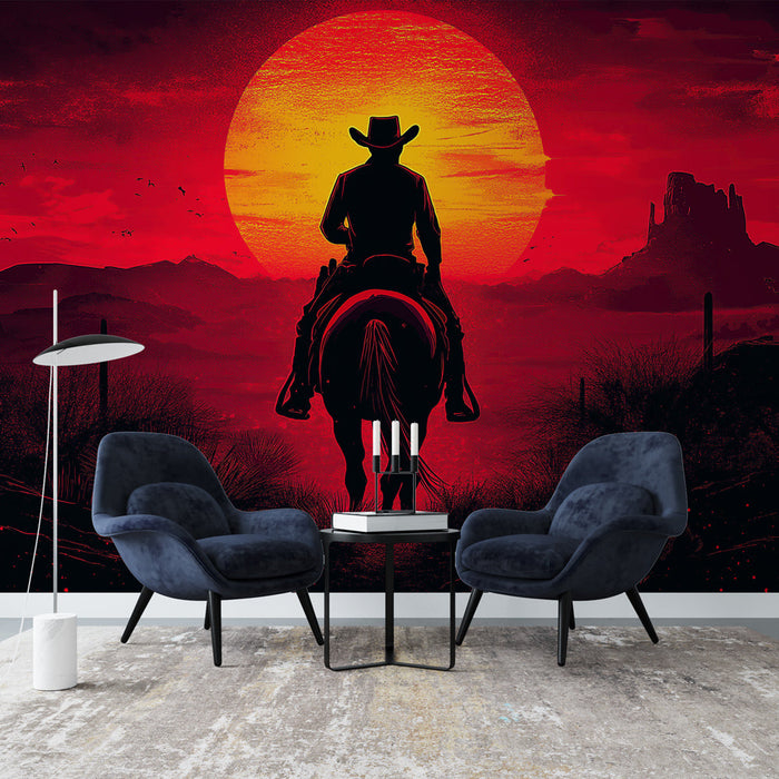 Mural Wallpaper western | Силует на ездач при живописен залез