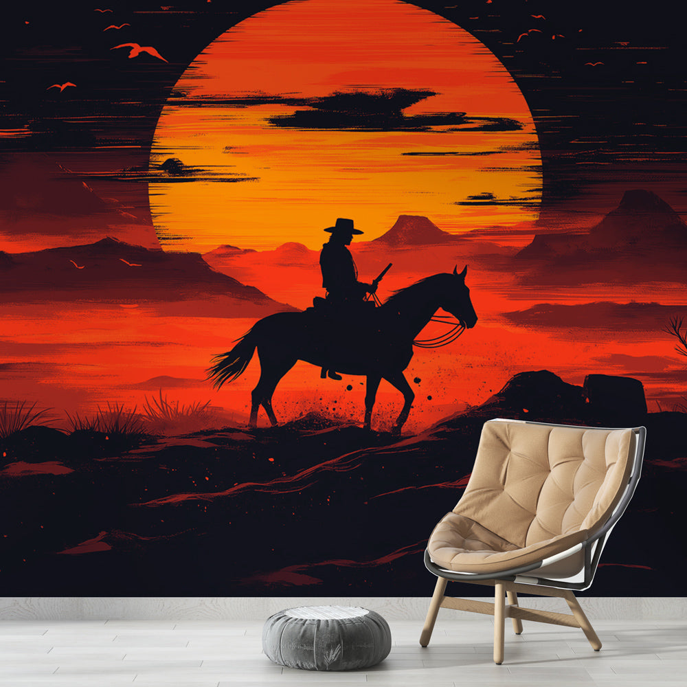 Mural Wallpaper western | Cavaleiro silhuetado ao pôr do sol ardente —  WonderMural, image size:1000x1000
