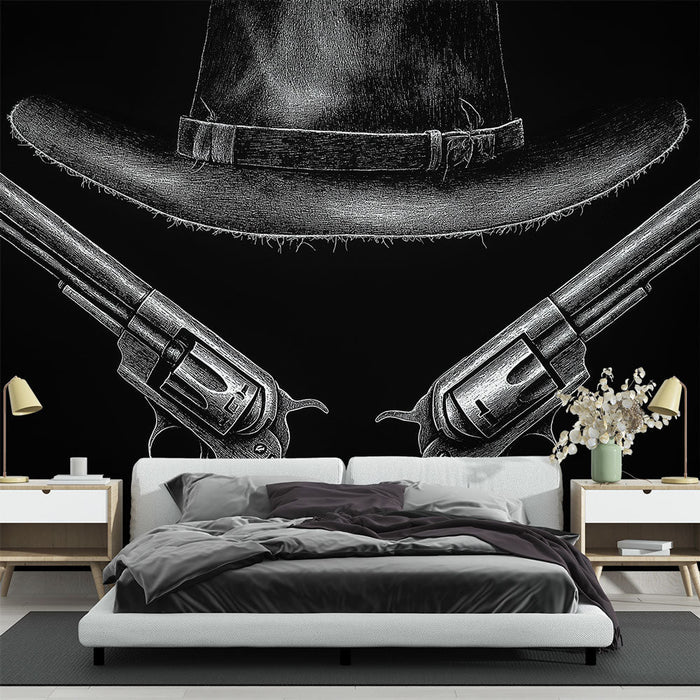 Ταπετσαρία western | Περίστροφα και καουμπόικο καπέλο σε μαύρο φόντο