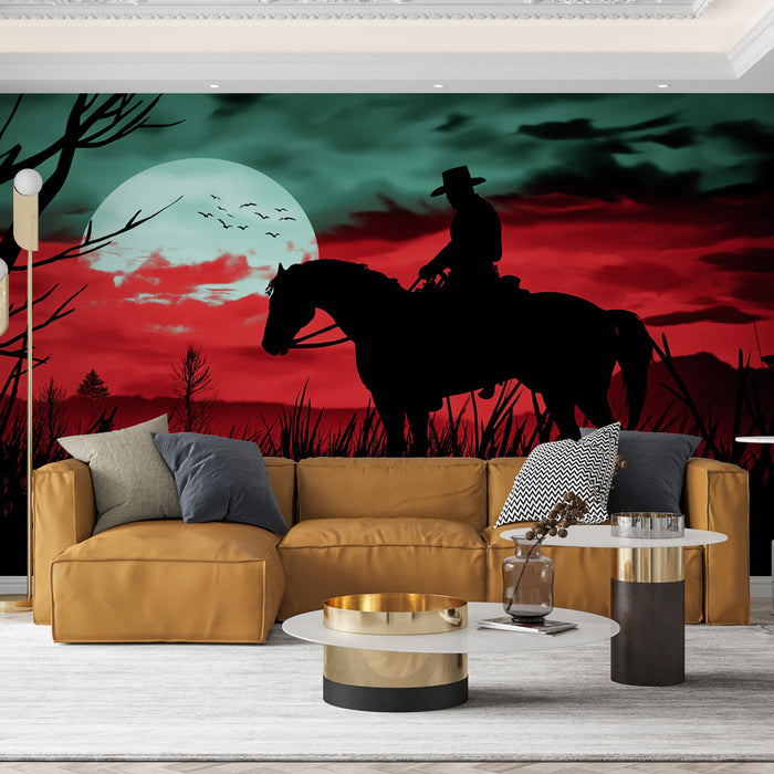 Ταπετσαρία δυτική | Σιλουέτα ενός αναβάτη στο κοκκινωπό φως του φεγγαριού