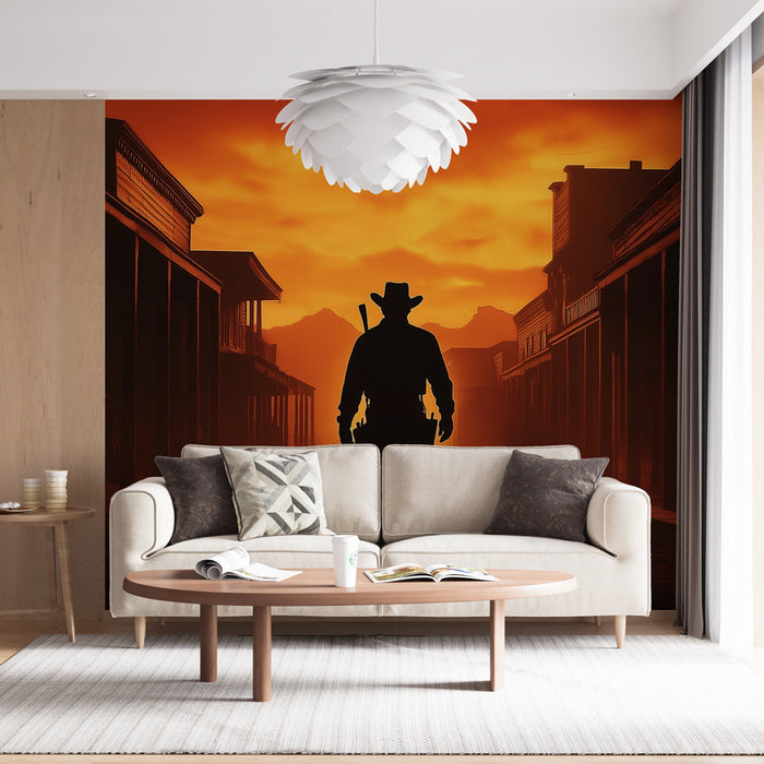 Mural Wallpaper western | Σιλουέτα ενός καουμπόη κατά το ηλιοβασίλεμα