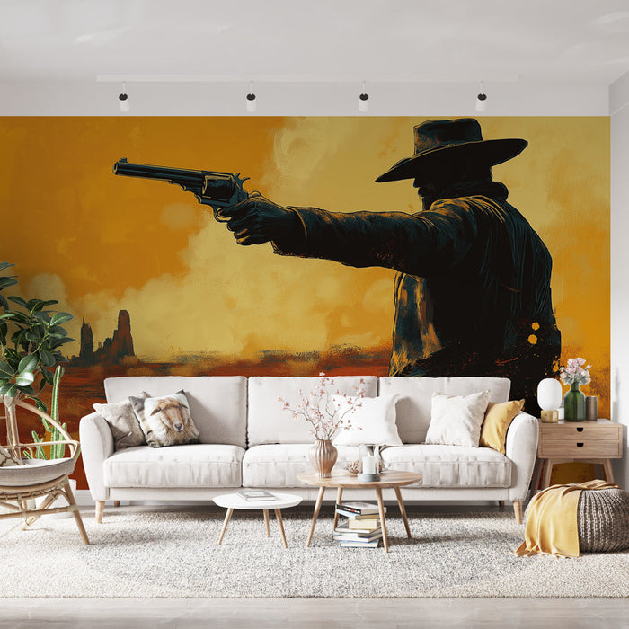 Tapeta western | Sylwetka kowboja w pełnej akcji z pomarańczowym niebem