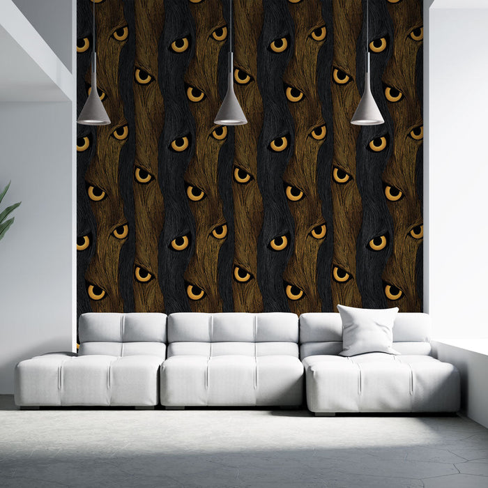 Fototapet mystiske øyne | Bølget mønster med gylne øyne på en mørk bakgrunn