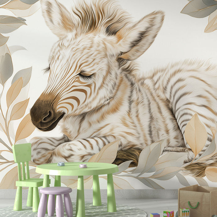 Tapet zebra | Detaliu al unei tinere zebre cu un model moale de frunze