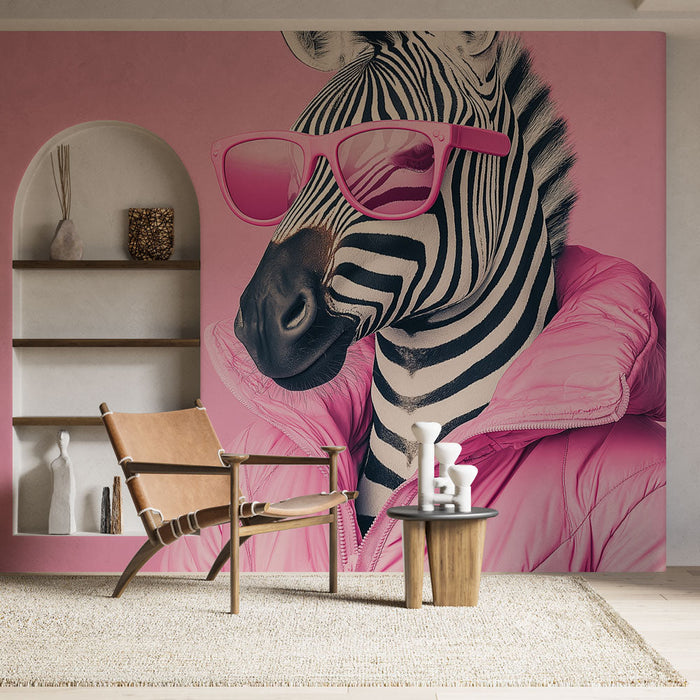 Carta da parati zebra pop art | Una zebra alla moda con occhiali rosa su sfondo rosa
