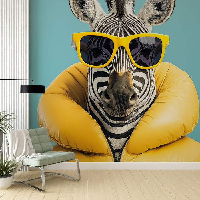 Carta da parati zebra pop art | Zebra con occhiali e giacca trapuntata colorata