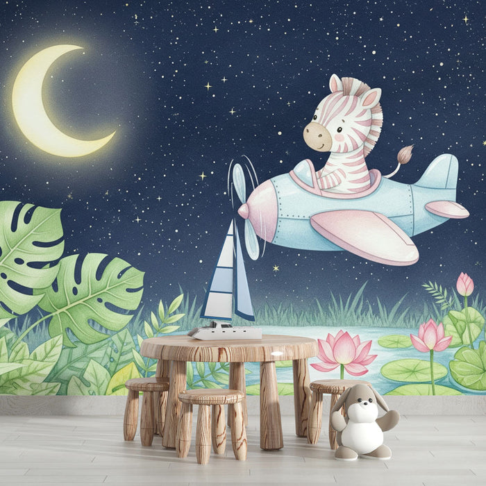 Fototapet flyvende sebra | En drømmende zebra i et fly i måneskinnet