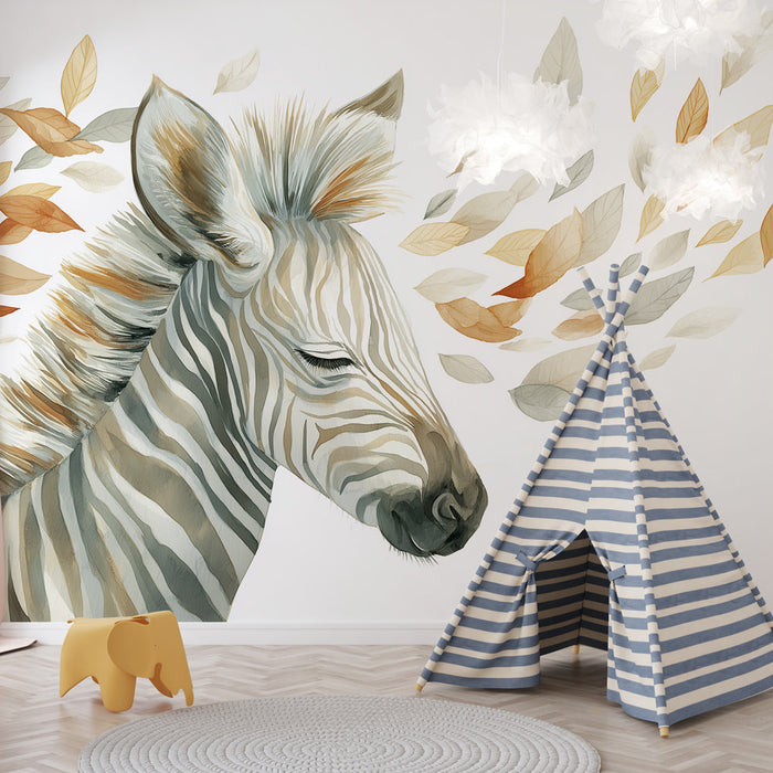 Zebra tapet | Elegant zebra omgivet af blade i bløde nuancer