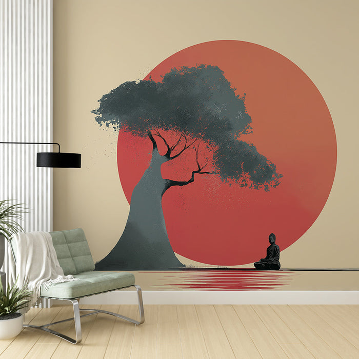 Tapeta zen | Meditující Buddha pod stromem s červeným sluncem
