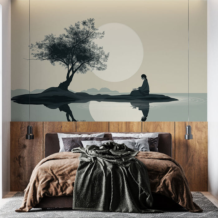 Mural Tapet zen | Silhuett av en person som mediterer under månen