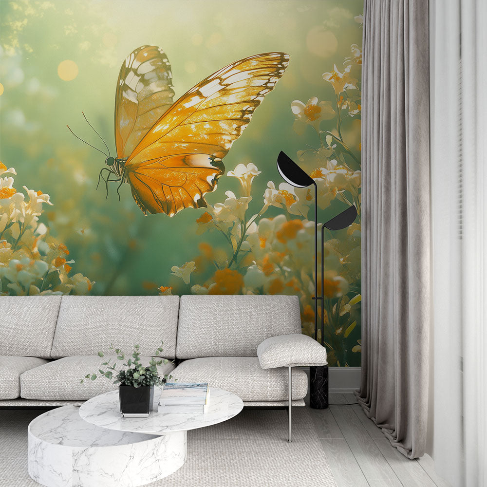 Mural Wallpaper butterfly | Elegance of an orange butterfly among the ...