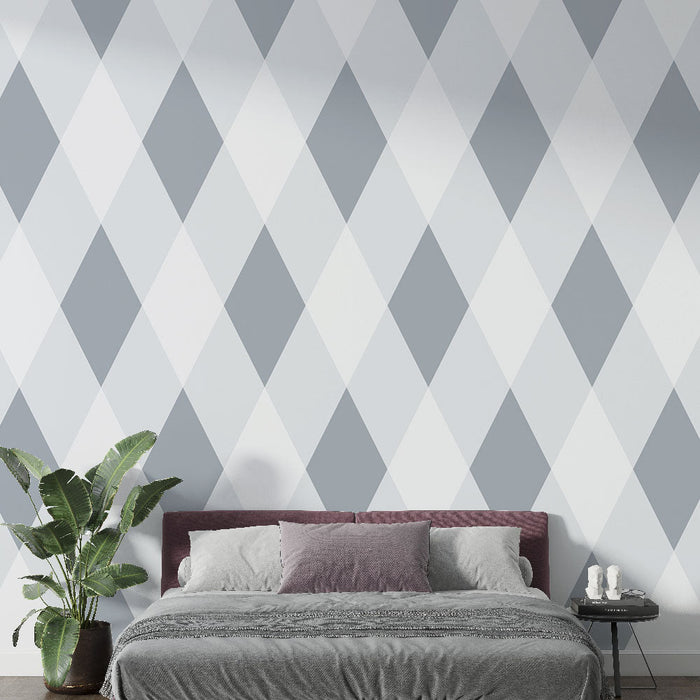 Ταπετσαρία τοίχου με καρό | Γκρι και λευκό γεωμετρικό μοτίβο