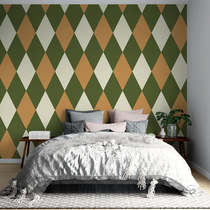 Papel de parede diamantes | Padrão retrô verde e laranja