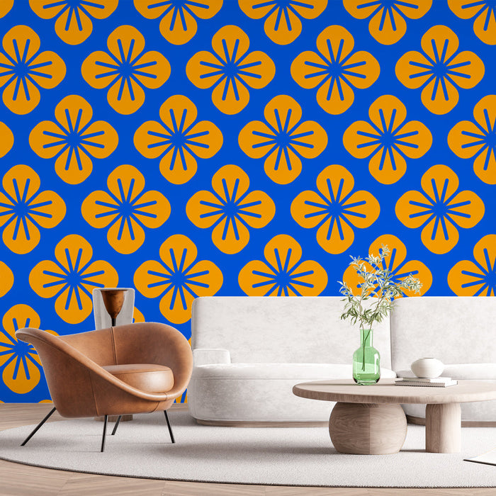Ταπετσαρία τοιχογραφίας floral | Γεωμετρικό μοτίβο πορτοκαλί και μπλε