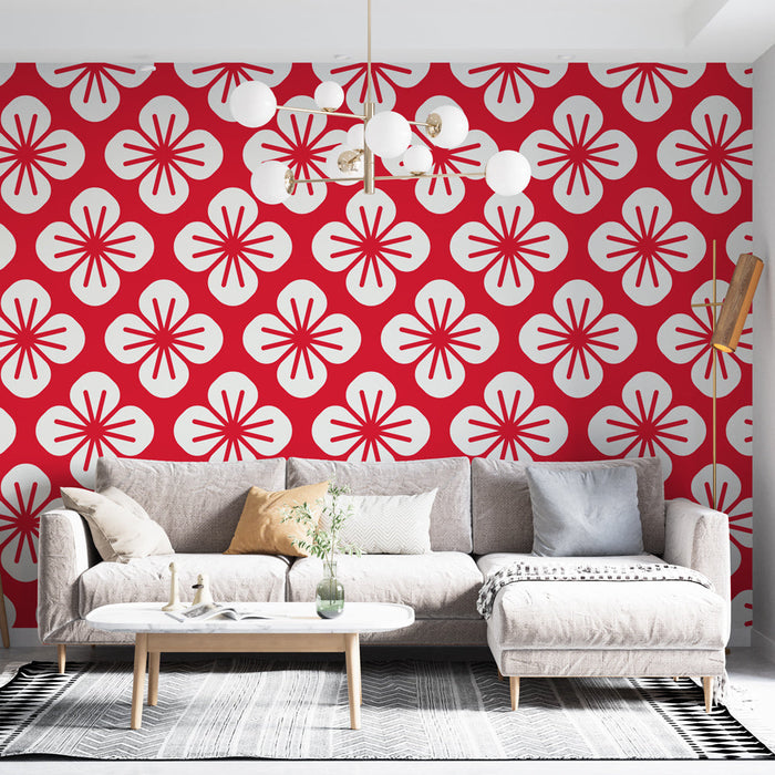 Mural Wallpaper floral | Red and white pattern