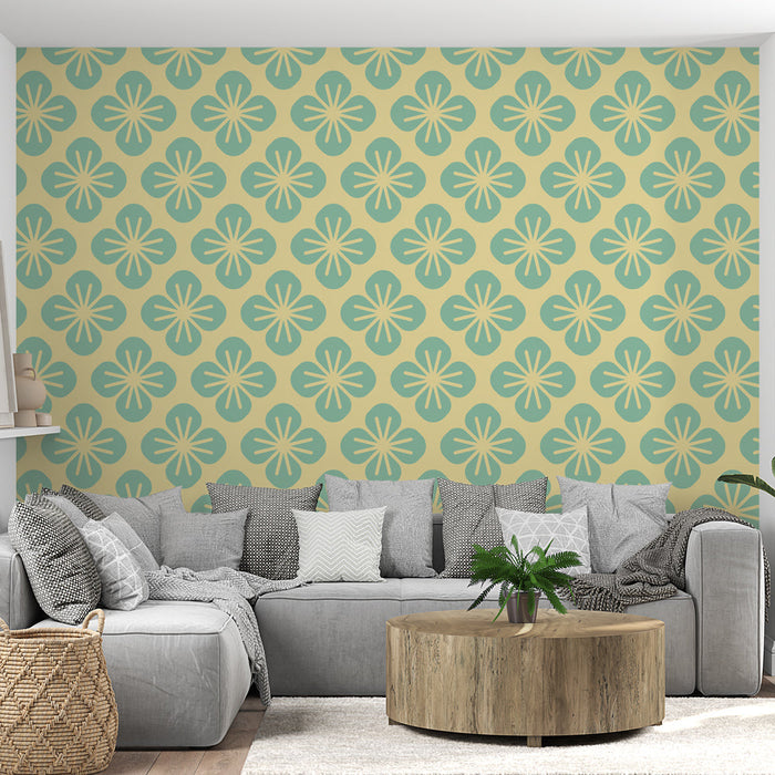 Papel de parede floral retrô | Padrão vintage verde e amarelo