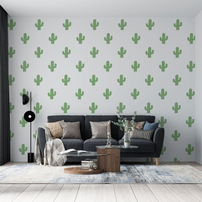 Mural Wallpaper cactus | Green pattern on white background