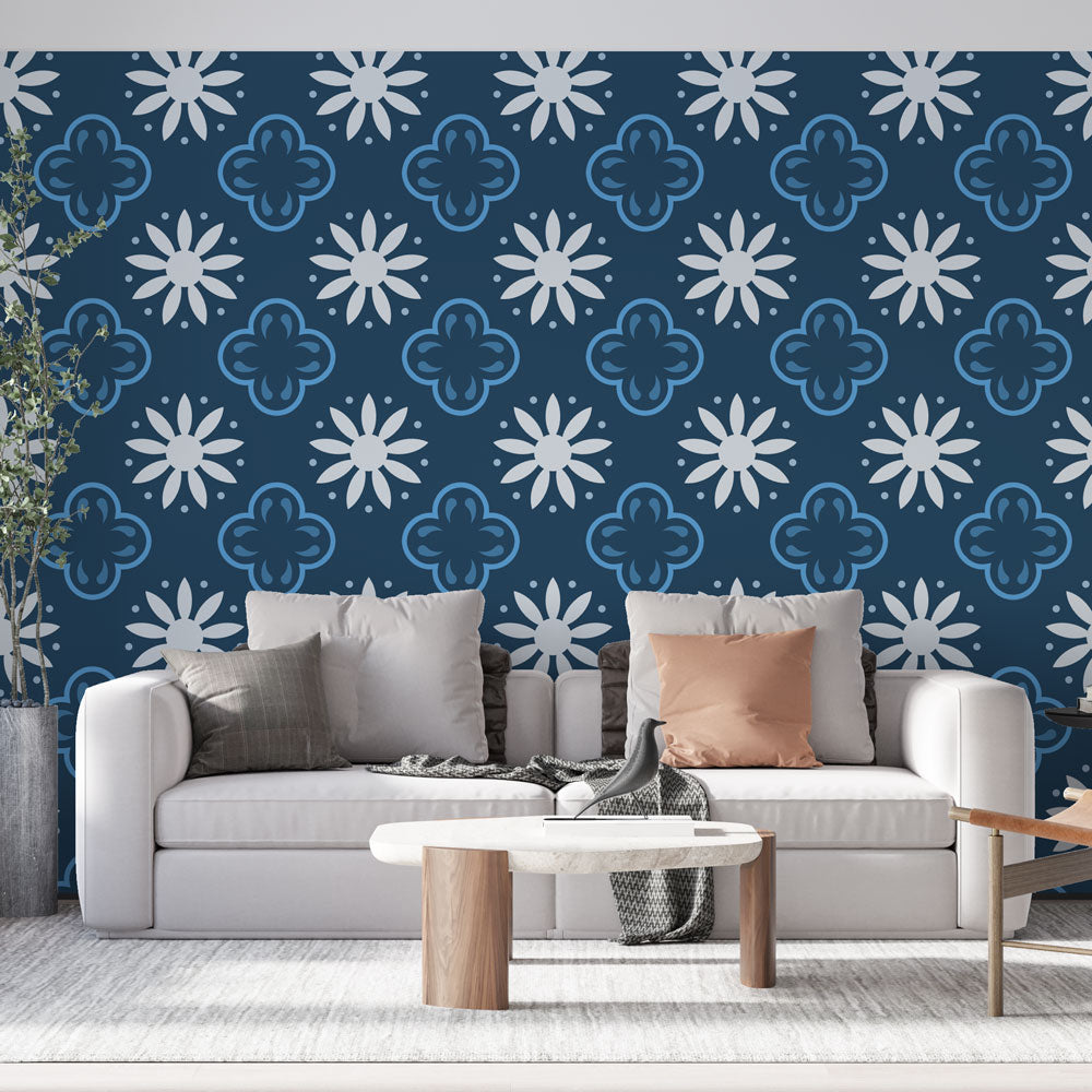 Foto Behang bloemen | Blauw en wit geometrisch patroon — WonderMural, image size:1000x1000