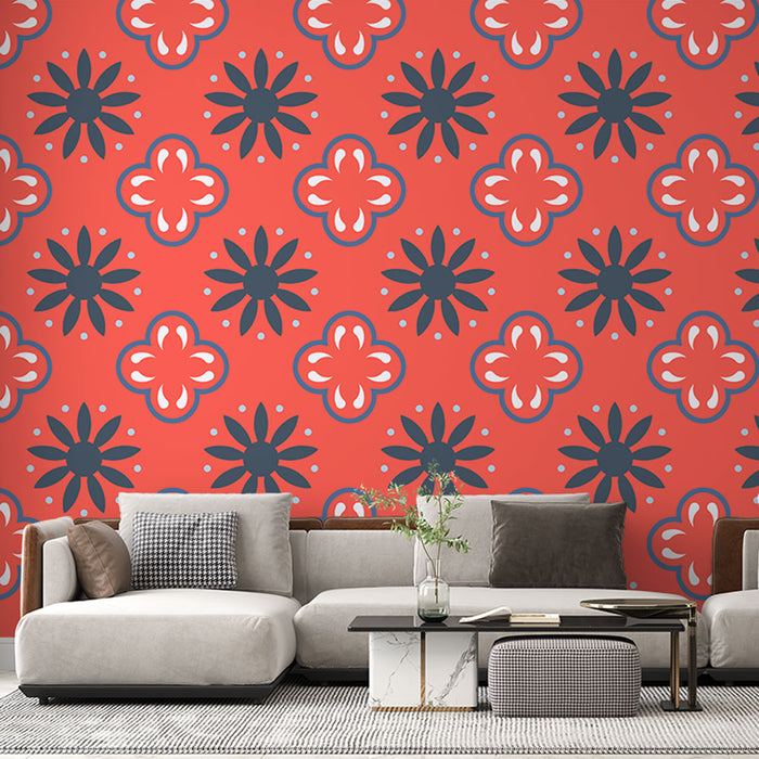 Mural Wallpaper floral | Red and blue geometric pattern