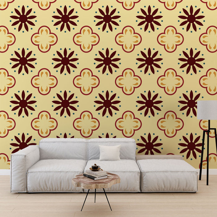 Tapete floral | Retro gelbes und burgunderrotes Muster