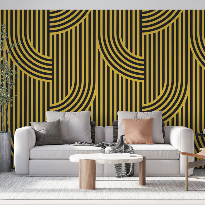 Ταπετσαρία τοίχου γεωμετρική | Καμπύλες μοτίβου και χρυσές γραμμές