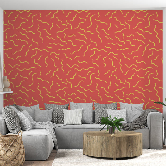 Mural Wallpaper Abstract | Yellow Ripples on Coral