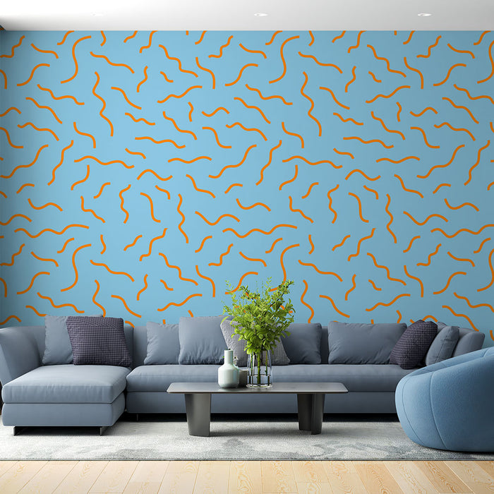 Mural Wallpaper abstract | orange wavy pattern on blue background