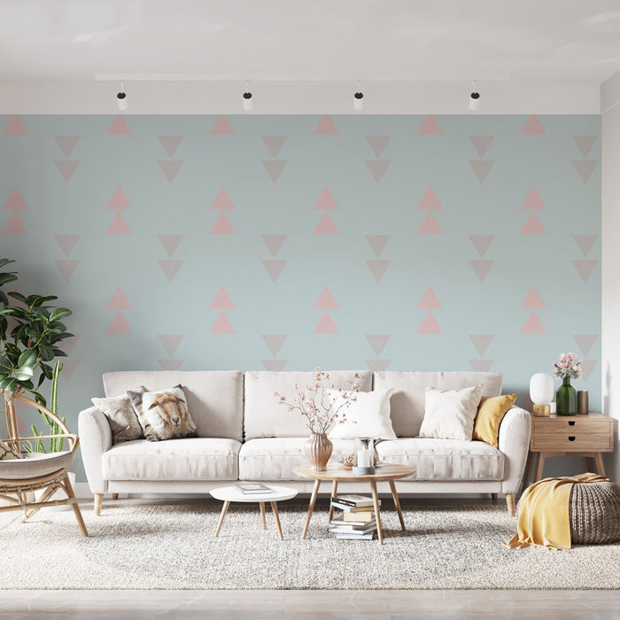 Tapete | Rosa und graue Dreiecke auf blauem Hintergrund