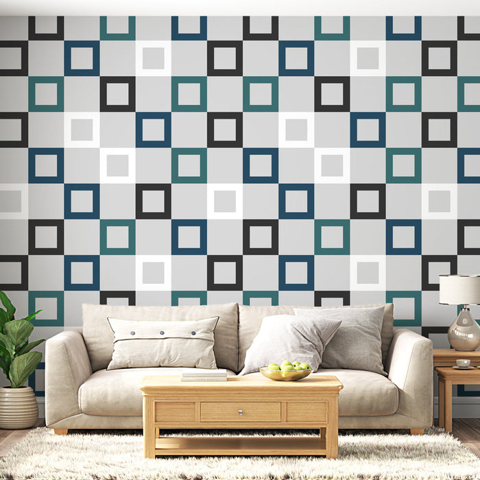 Tapeta z geometrijskim vzorcem | Večbarvni kvadrati na sivem ozadju