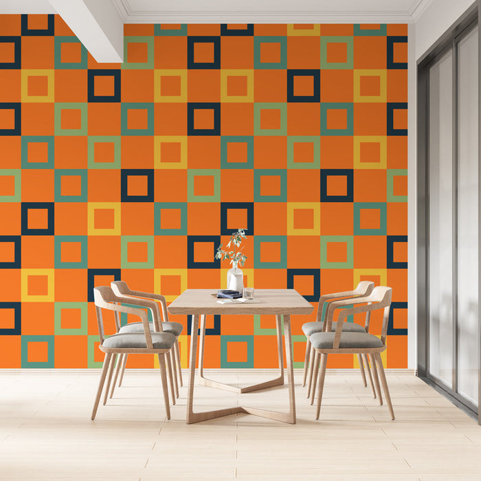 Freskó tapéta Geometrikus | Többszínű négyzetek narancssárga háttéren