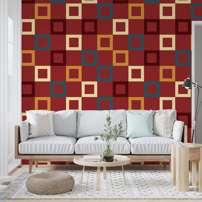 Foto Behang geometrische vierkanten | Veelkleurig retro patroon