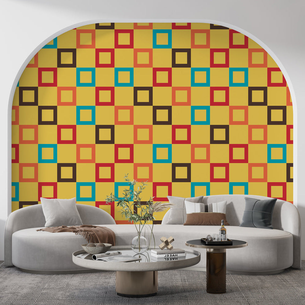 Square geometric mural wallpaper | Colorful patterns on a yellow backg ...