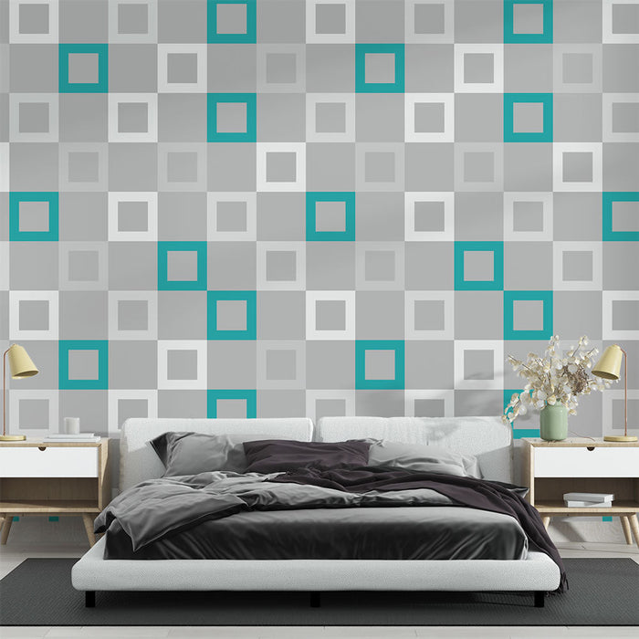 Tapeta Geometrijski zidni papir | Tirkizni i sivi kvadrati