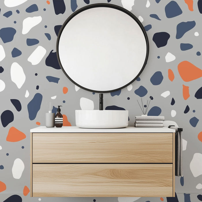 Tapete Badezimmer | Modernes Terrazzo-Design in Orange und Blau