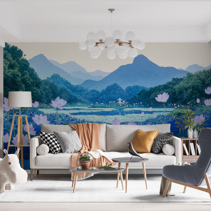 Papel de parede lotus | Paisagem serena de flores e montanhas