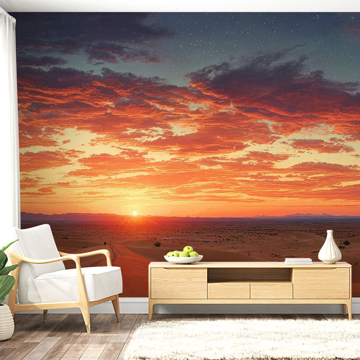 Tapeta pouštní krajiny při západu slunce | Krajina dun a zářící obloha