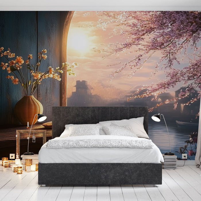 Tapeta cvetlična krajina | Vrt z češnjevimi cvetovi