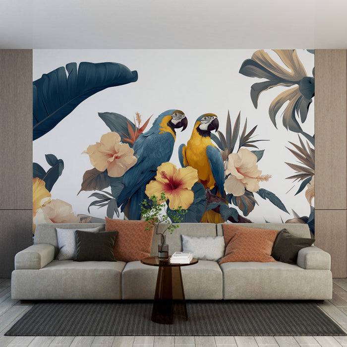 Fototapet tropisk | Papegøjer og eksotiske blomster