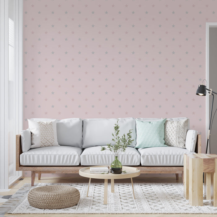 Tapeta ze wzorem gwiazd | Delikatny różowy i szary wzór