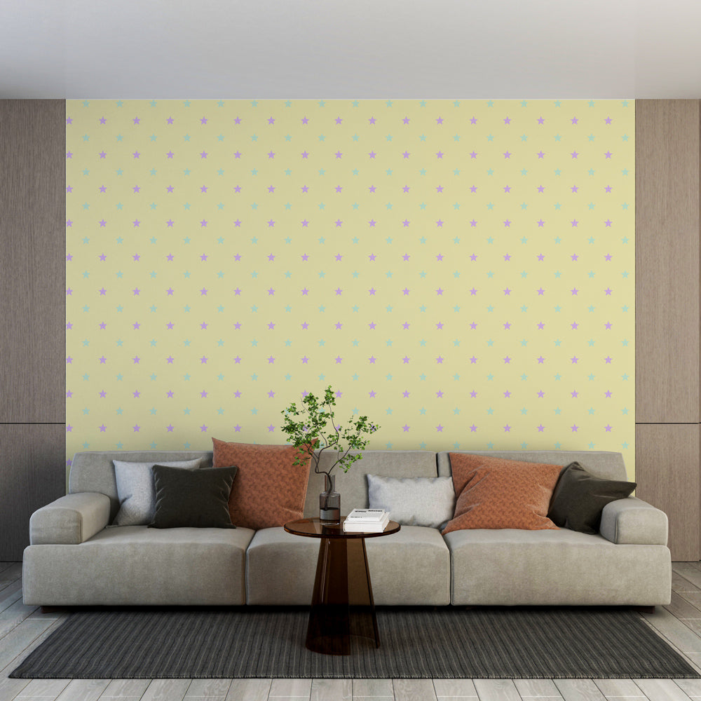 Fotobehang Sterren | Pastelgeel met veelkleurige sterren — WonderMural, image size:1000x1000